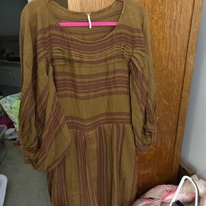 Free People 3/4 Striped Dress in Brown and Tan ballon sleeves Large oversized